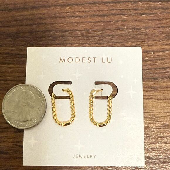 Modest Lu NWT U Shaped Bead Ball Pierced Ear Earrings. 18K Gold Plated. - Picture 2 of 4